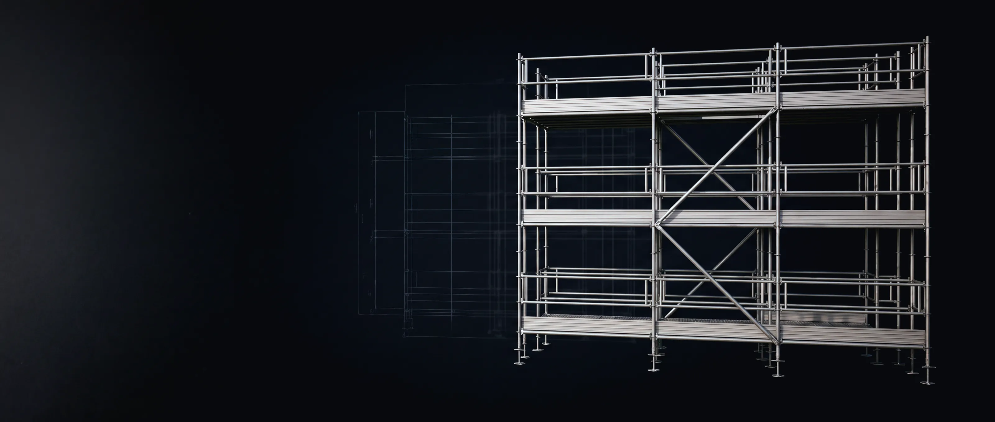 Rendu 3D d'un échafaudage en aluminium : cadres, barres horizontales, planchers et barres de renfort en diagonale, posés sur des pieds réglables. À gauche, la même structure dessinée en plan, en fil de fer.
